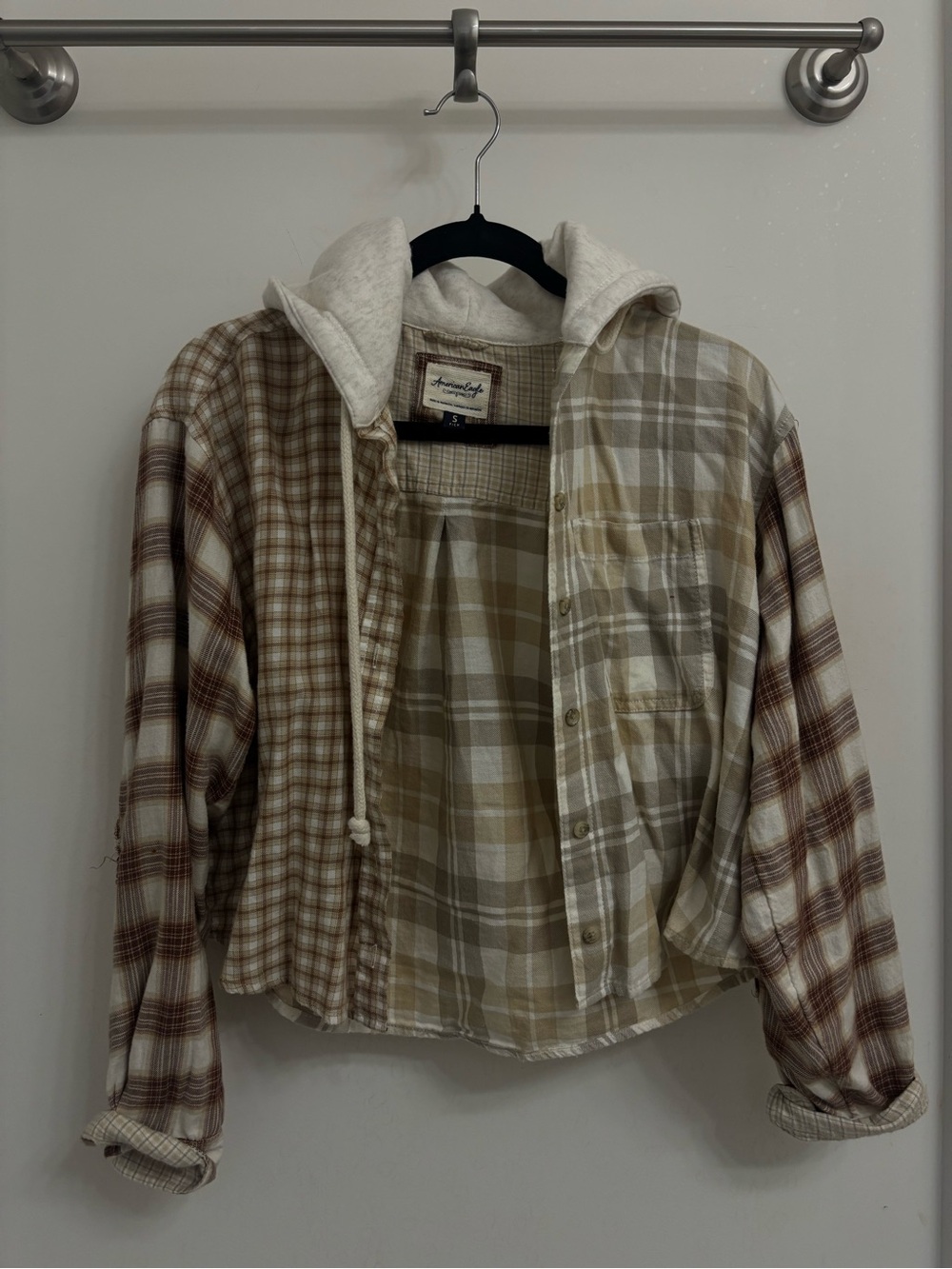 American Eagle Plaid Button-Up Shirt with Hood